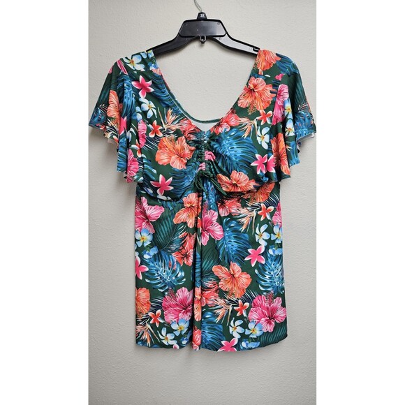 Tropical Floral Tankini Swim Top Womens 4XL Ruched Flutter Sleeve Plus Size - Picture 1 of 8